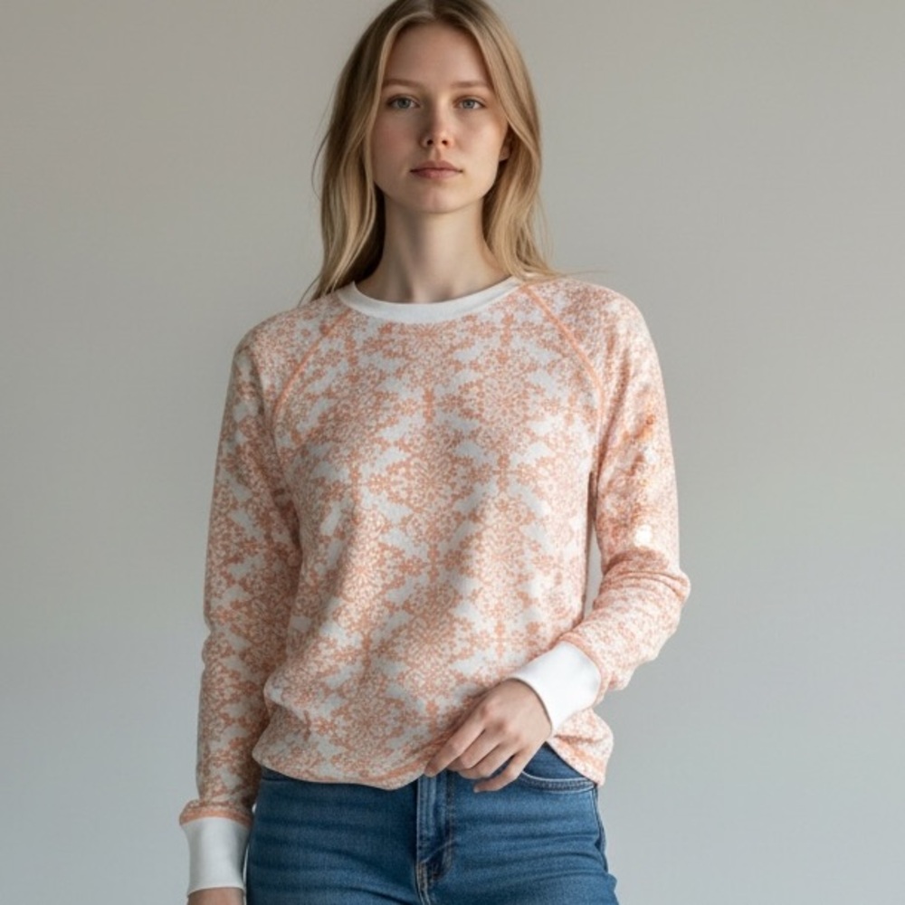 Arizona‎ Jean Company Women XL Coral White Stretch Waffle Long Sleeve Crew Neck